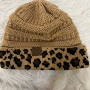C.C Tan Leopard Print Knit Beanie